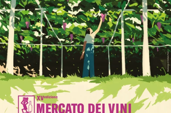 Manifesto del Mercato dei Vini dei Vignaioli Indipendenti 2026: illustrazione di Emiliano Ponzi con una vignaiola tra i filari, 21-23 novembre a BolognaFiere