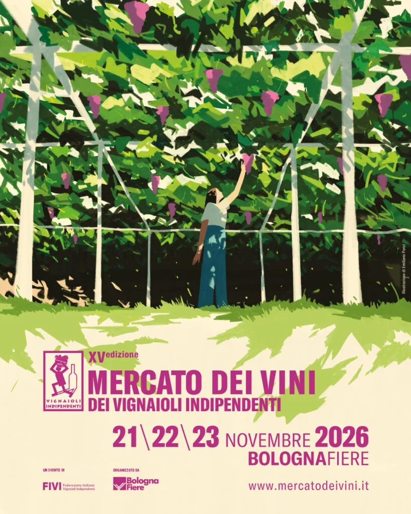 Manifesto del Mercato dei Vini dei Vignaioli Indipendenti 2026: illustrazione di Emiliano Ponzi con una vignaiola tra i filari, 21-23 novembre a BolognaFiere