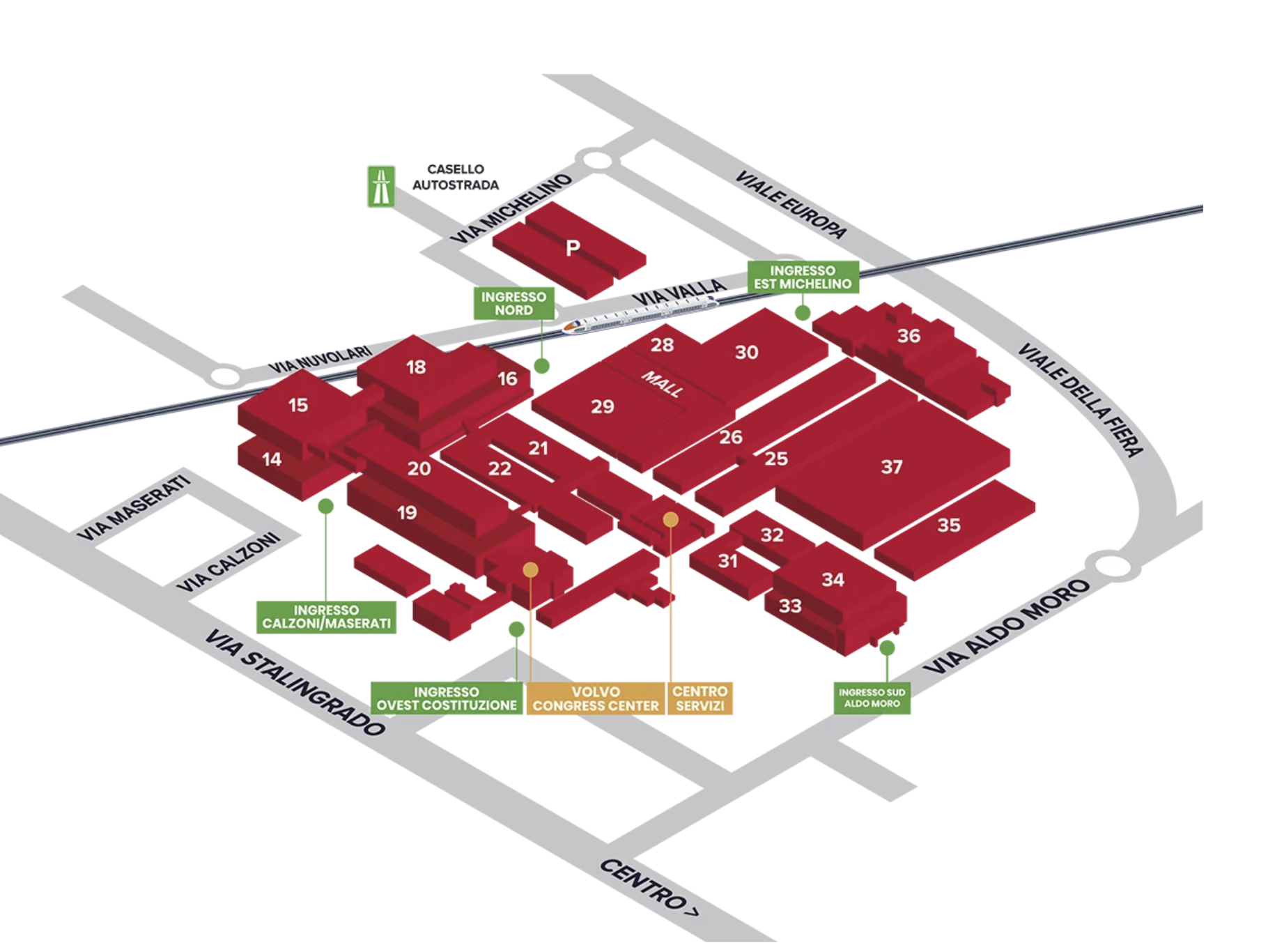 Mappa del quartiere fieristico di BolognaFiere con padiglioni, ingressi e parcheggio Michelino per il Mercato dei Vini FIVI 2026